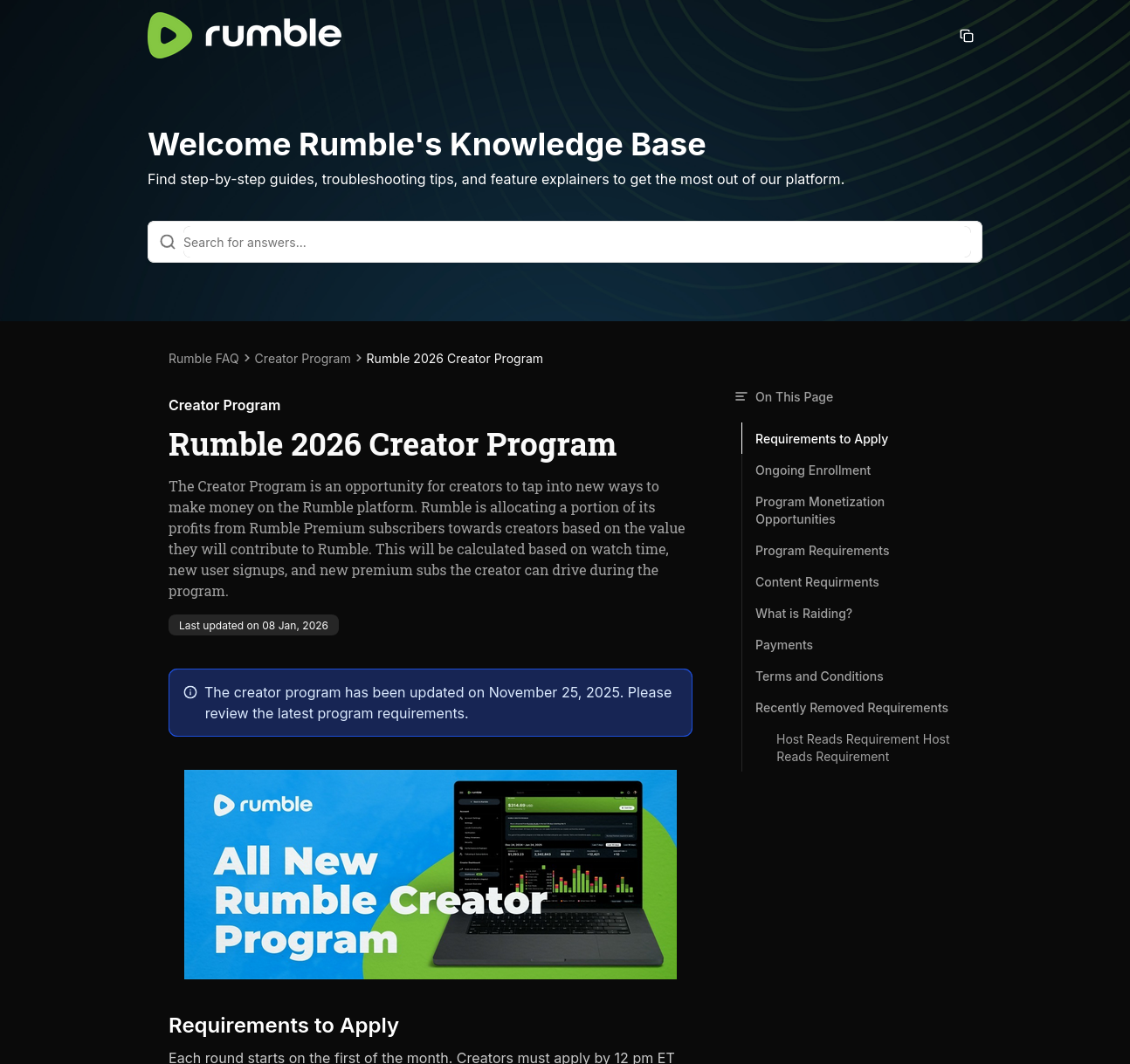 Rumble's official 2026 Creator Program page showing the program hero banner, overview, and section navigation